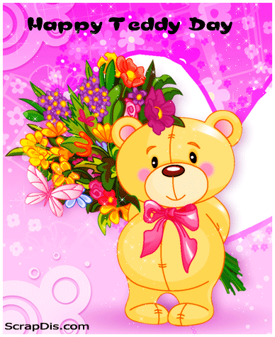 Happy Teddy Day Teddy Bear With Flowers Glitter